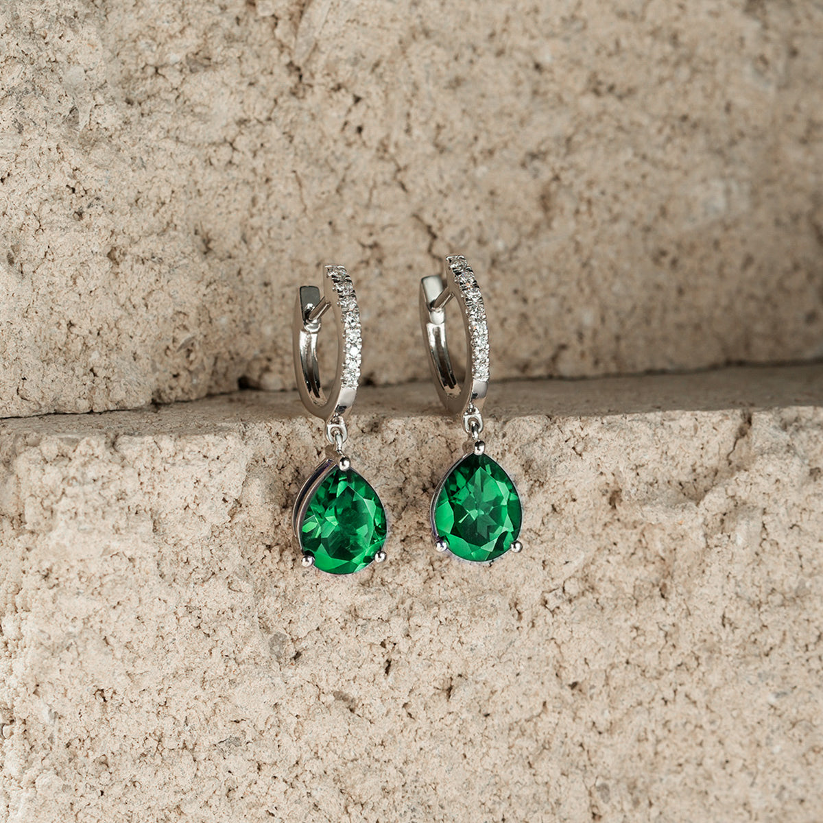 Astra 4.60ct Lab Emerald and Diamond Drop Pear Cut Earrings in Silver